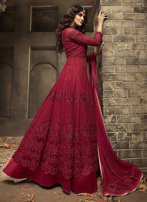 Soft net anarkali wedding salwar kameez in red color with embroidery and crystal stone work 3