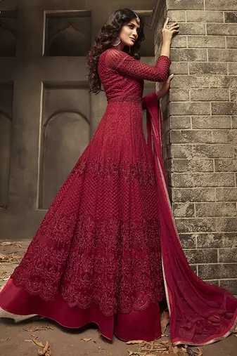 Soft net anarkali wedding salwar kameez in red color with embroidery and crystal stone work