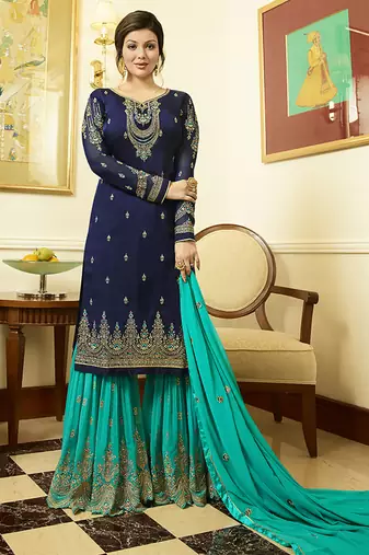 Georgette sharara in blue color with embroidery and crystal stone work