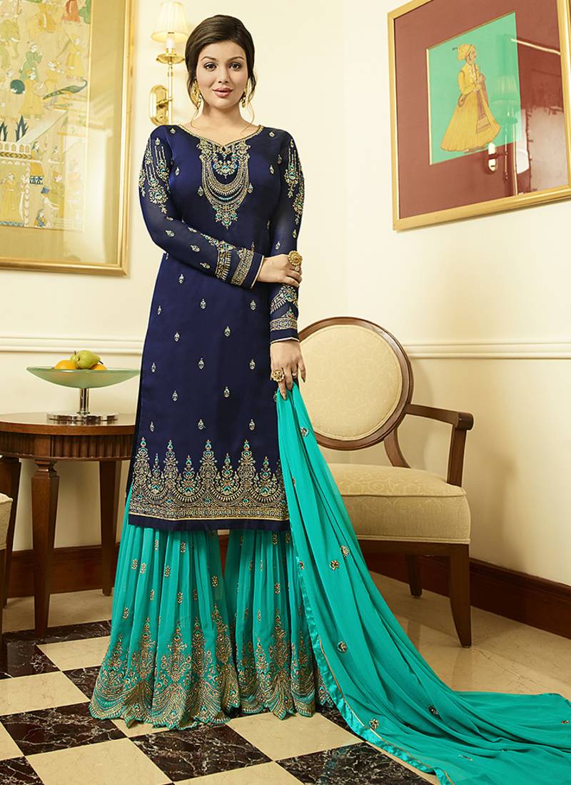 Georgette sharara in blue color with embroidery and crystal stone work