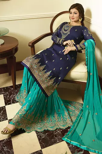 Georgette sharara in blue color with embroidery and crystal stone work