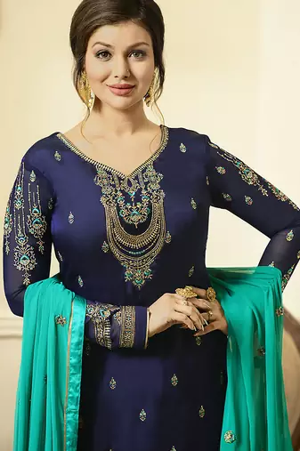 Georgette sharara in blue color with embroidery and crystal stone work