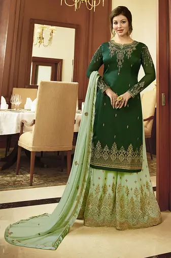 Georgette sharara in green color with embroidery and crystal stone work