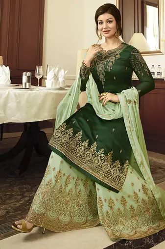 Georgette sharara in green color with embroidery and crystal stone work