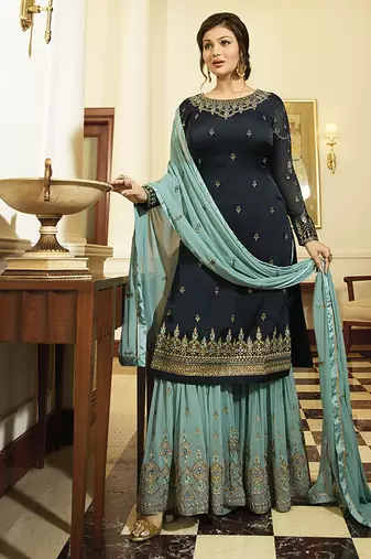 Georgette sharara in blue color with embroidery and crystal stone work