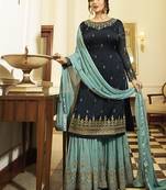 Georgette sharara in blue color with embroidery and crystal stone work