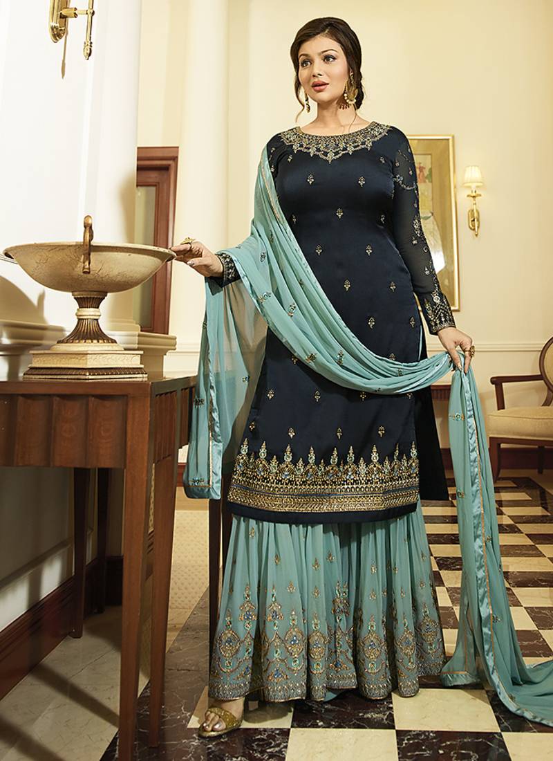 Georgette sharara in blue color with embroidery and crystal stone work