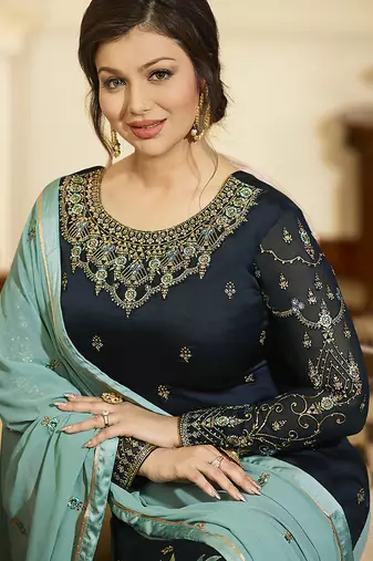 Georgette sharara in blue color with embroidery and crystal stone work