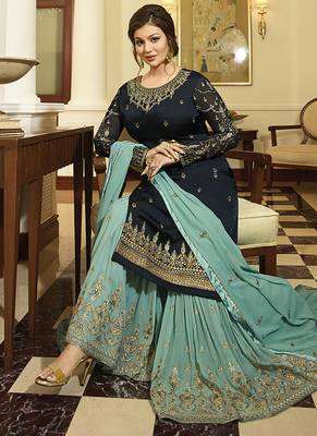 Georgette sharara in blue color with embroidery and crystal stone work 3