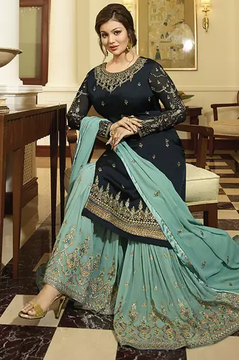 Georgette sharara in blue color with embroidery and crystal stone work