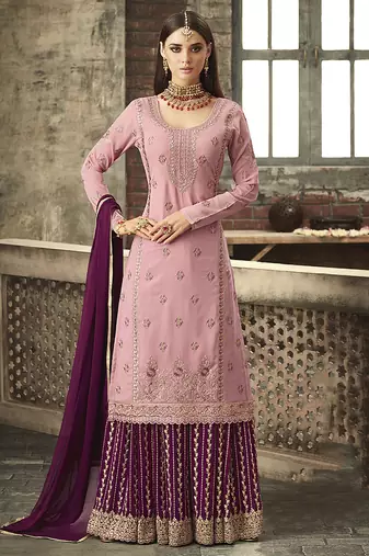 Georgette sharara in pink color with embroidery and crystal stone work