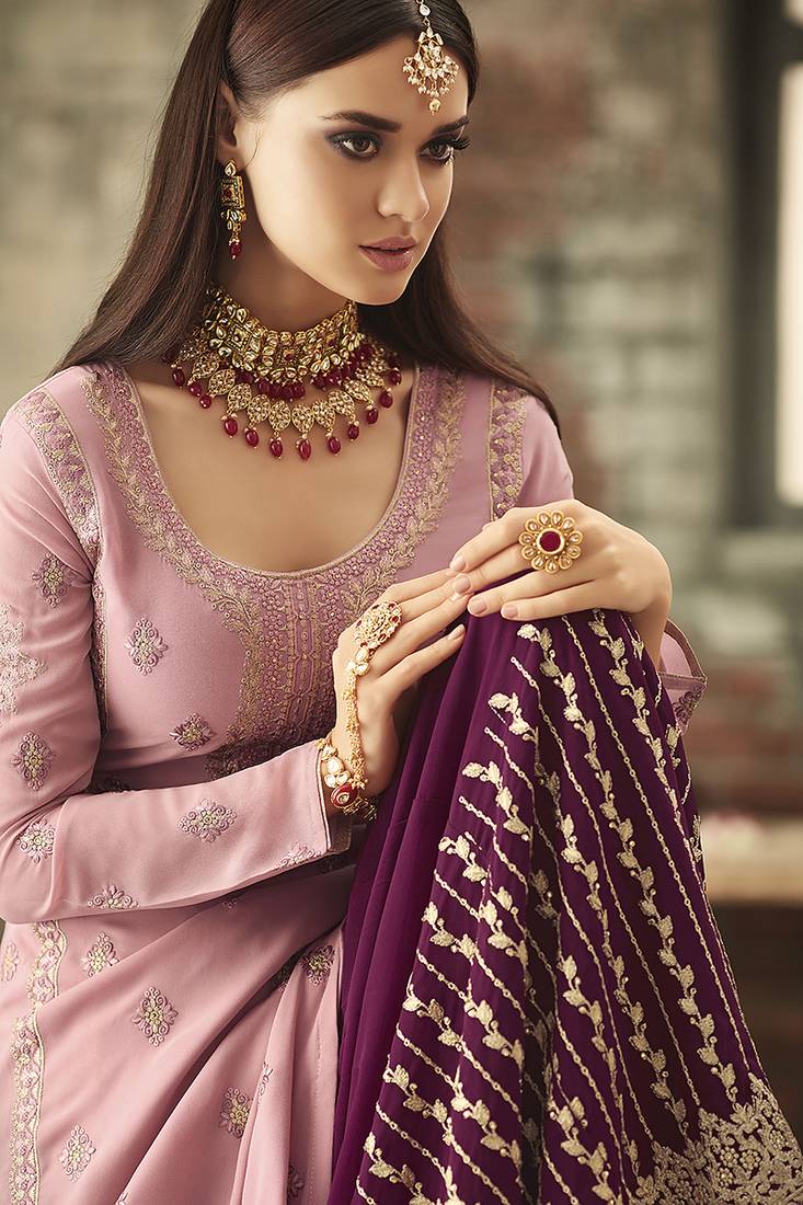 Georgette sharara in pink color with embroidery and crystal stone work