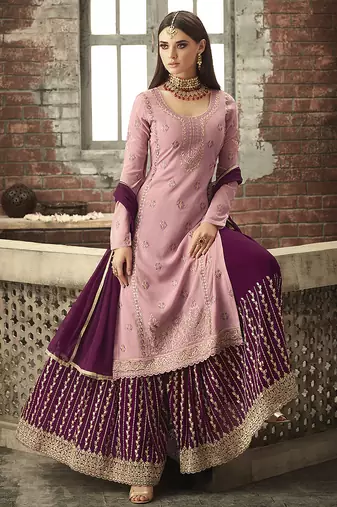 Georgette sharara in pink color with embroidery and crystal stone work