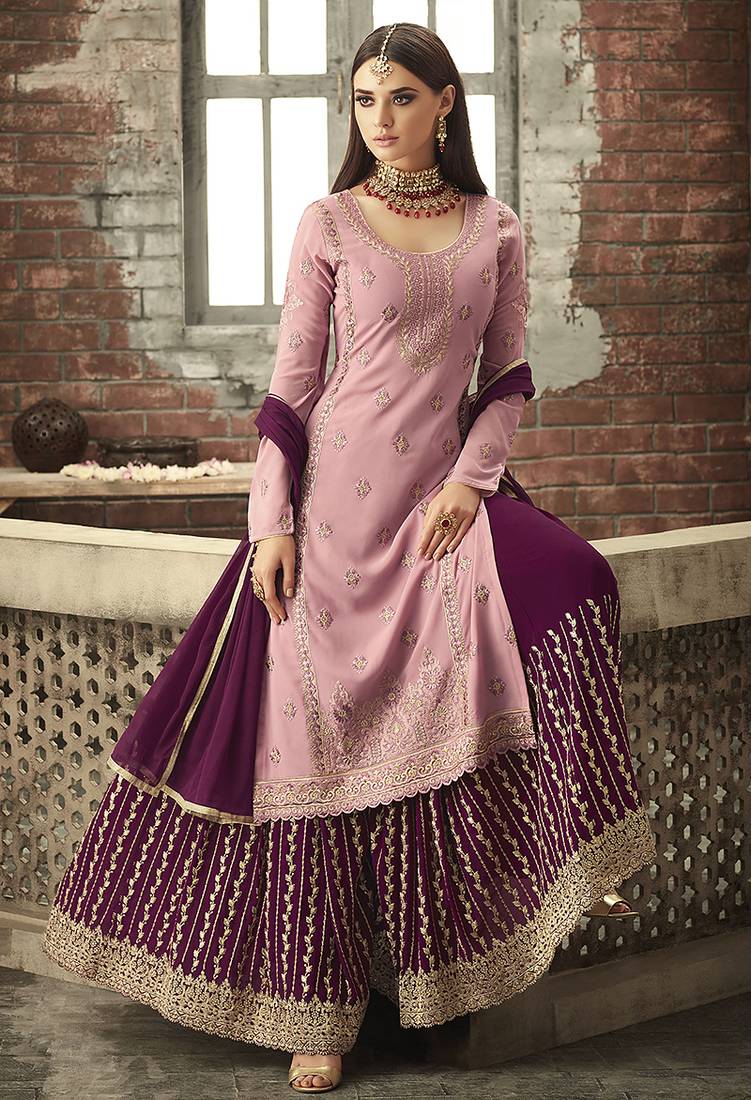 Georgette sharara in pink color with embroidery and crystal stone work