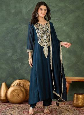 Women's Beautiful Embroidery Work Vichitra Silk Fabric Flared Kurta Pant and Dupatta Set 1