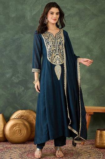 Women's Beautiful Embroidery Work Vichitra Silk Fabric Flared Kurta Pant and Dupatta Set