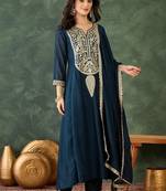 Women's Beautiful Embroidery Work Vichitra Silk Fabric Flared Kurta Pant and Dupatta Set