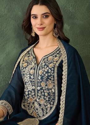 Women's Beautiful Embroidery Work Vichitra Silk Fabric Flared Kurta Pant and Dupatta Set 2