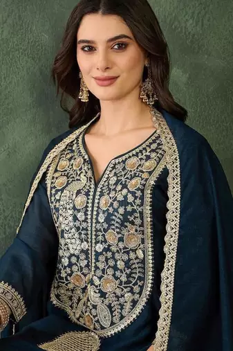 Women's Beautiful Embroidery Work Vichitra Silk Fabric Flared Kurta Pant and Dupatta Set