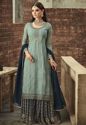 Georgette sharara in sky blue color with embroidery and crystal stone work 1