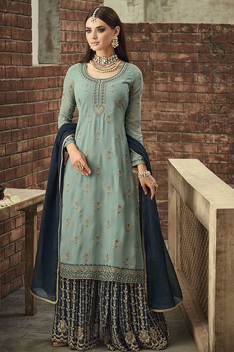 Georgette sharara in sky blue color with embroidery and crystal stone work
