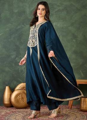 Women's Beautiful Embroidery Work Vichitra Silk Fabric Flared Kurta Pant and Dupatta Set 3