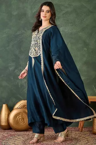 Women's Beautiful Embroidery Work Vichitra Silk Fabric Flared Kurta Pant and Dupatta Set