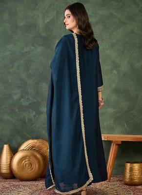 Women's Beautiful Embroidery Work Vichitra Silk Fabric Flared Kurta Pant and Dupatta Set 4