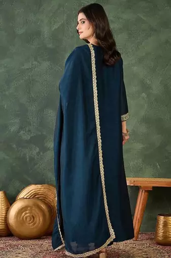 Women's Beautiful Embroidery Work Vichitra Silk Fabric Flared Kurta Pant and Dupatta Set