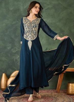 Women's Beautiful Embroidery Work Vichitra Silk Fabric Flared Kurta Pant and Dupatta Set 5