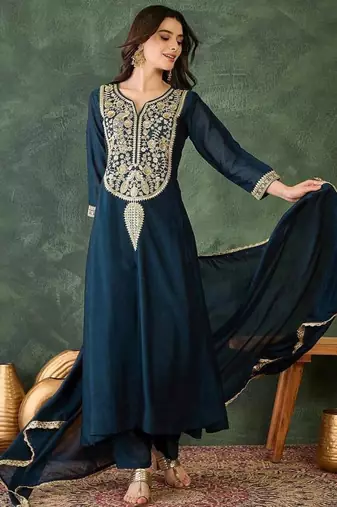 Women's Beautiful Embroidery Work Vichitra Silk Fabric Flared Kurta Pant and Dupatta Set