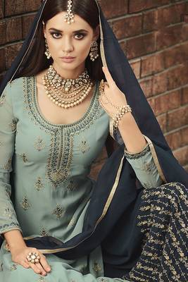 Georgette sharara in sky blue color with embroidery and crystal stone work 2