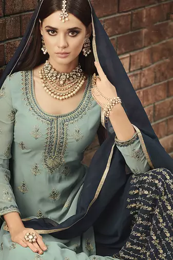 Georgette sharara in sky blue color with embroidery and crystal stone work