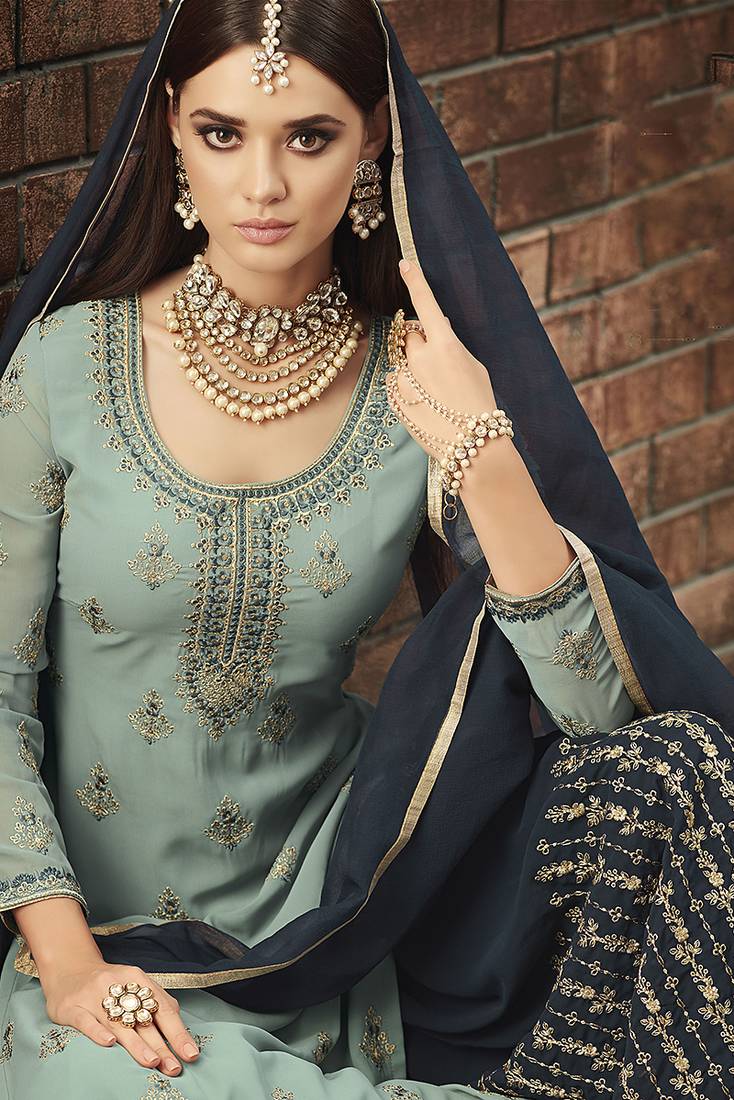 Georgette sharara in sky blue color with embroidery and crystal stone work
