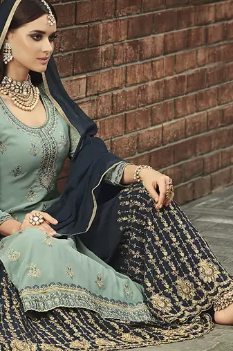 Georgette sharara in sky blue color with embroidery and crystal stone work