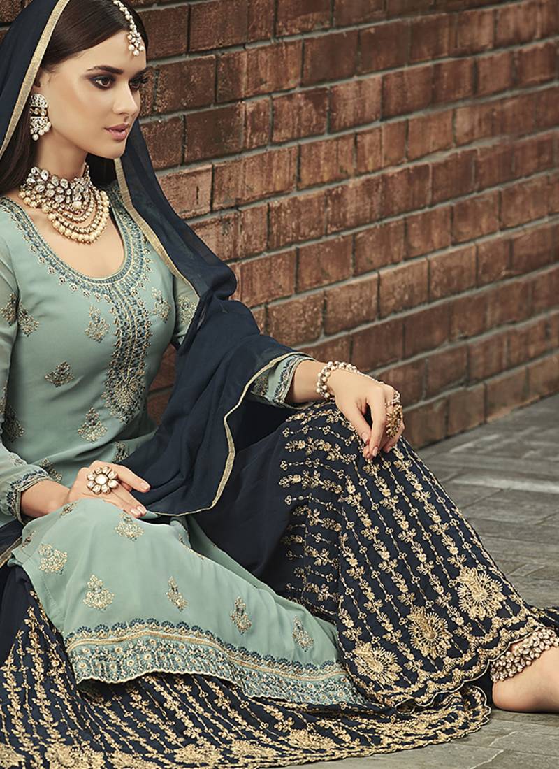 Georgette sharara in sky blue color with embroidery and crystal stone work