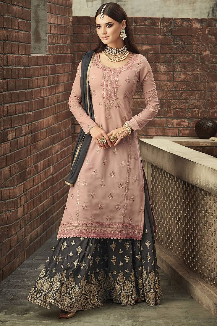 Georgette sharara in pink color with embroidery and crystal stone work
