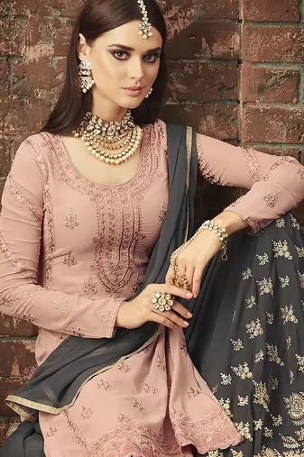 Georgette sharara in pink color with embroidery and crystal stone work