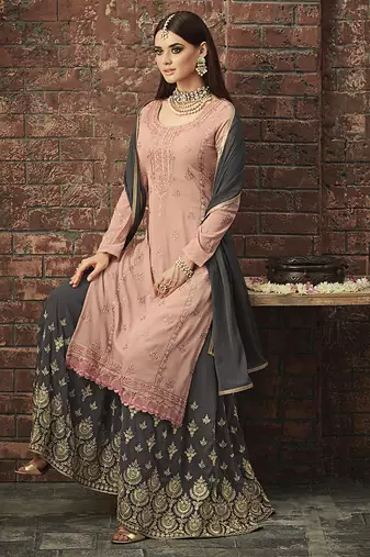 Georgette sharara in pink color with embroidery and crystal stone work