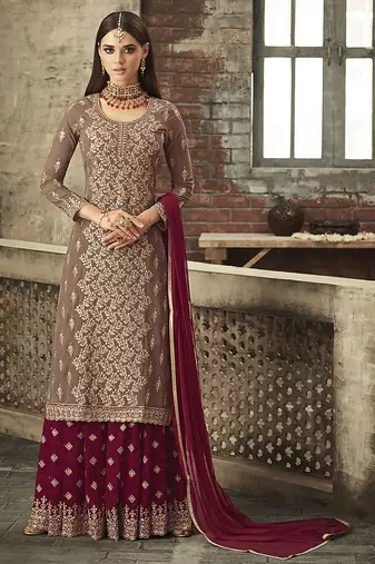Georgette sharara in brown color with embroidery and crystal stone work