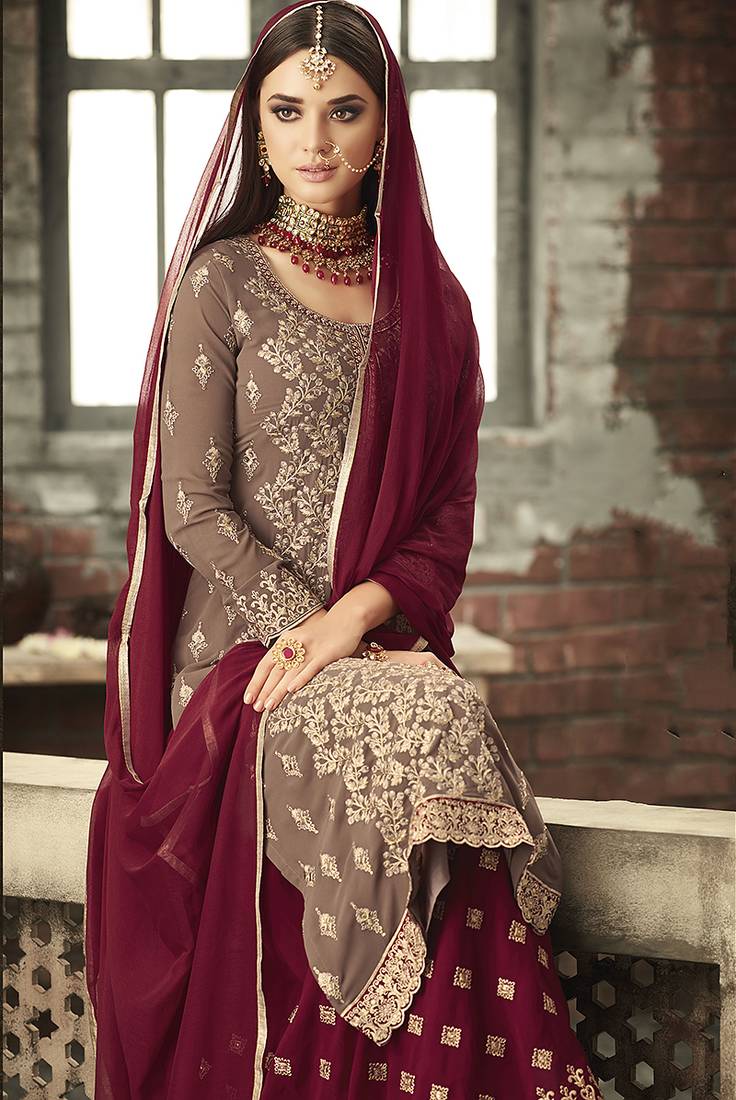 Georgette sharara in brown color with embroidery and crystal stone work