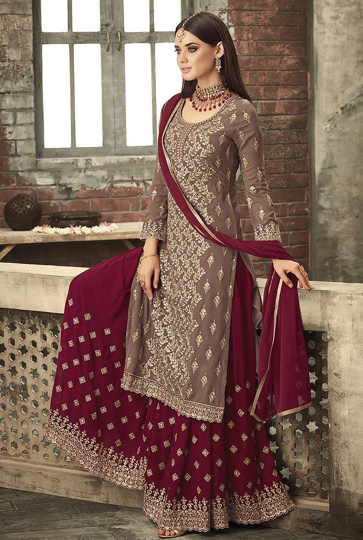 Georgette sharara in brown color with embroidery and crystal stone work