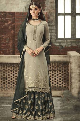 Georgette sharara in grey color with embroidery and crystal stone work