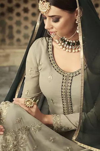 Georgette sharara in grey color with embroidery and crystal stone work
