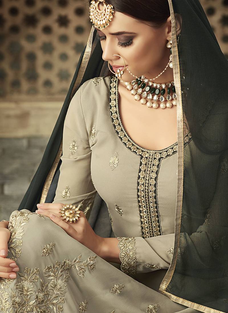 Georgette sharara in grey color with embroidery and crystal stone work