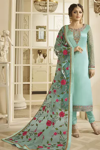 Satin georgette salwar kameez in sky blue color with embroidery and crystal stone work