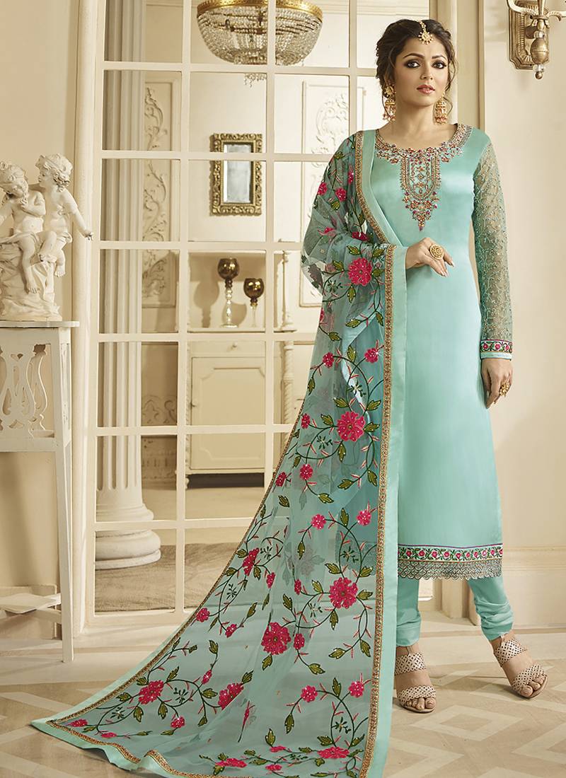 Satin georgette salwar kameez in sky blue color with embroidery and crystal stone work