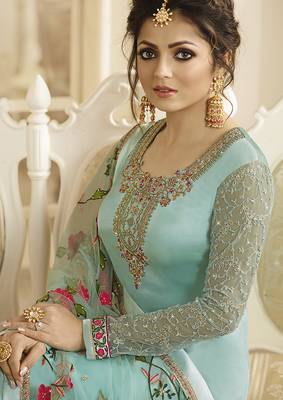 Satin georgette salwar kameez in sky blue color with embroidery and crystal stone work 2