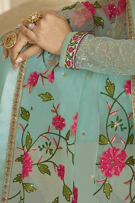 Satin georgette salwar kameez in sky blue color with embroidery and crystal stone work 3