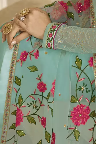 Satin georgette salwar kameez in sky blue color with embroidery and crystal stone work